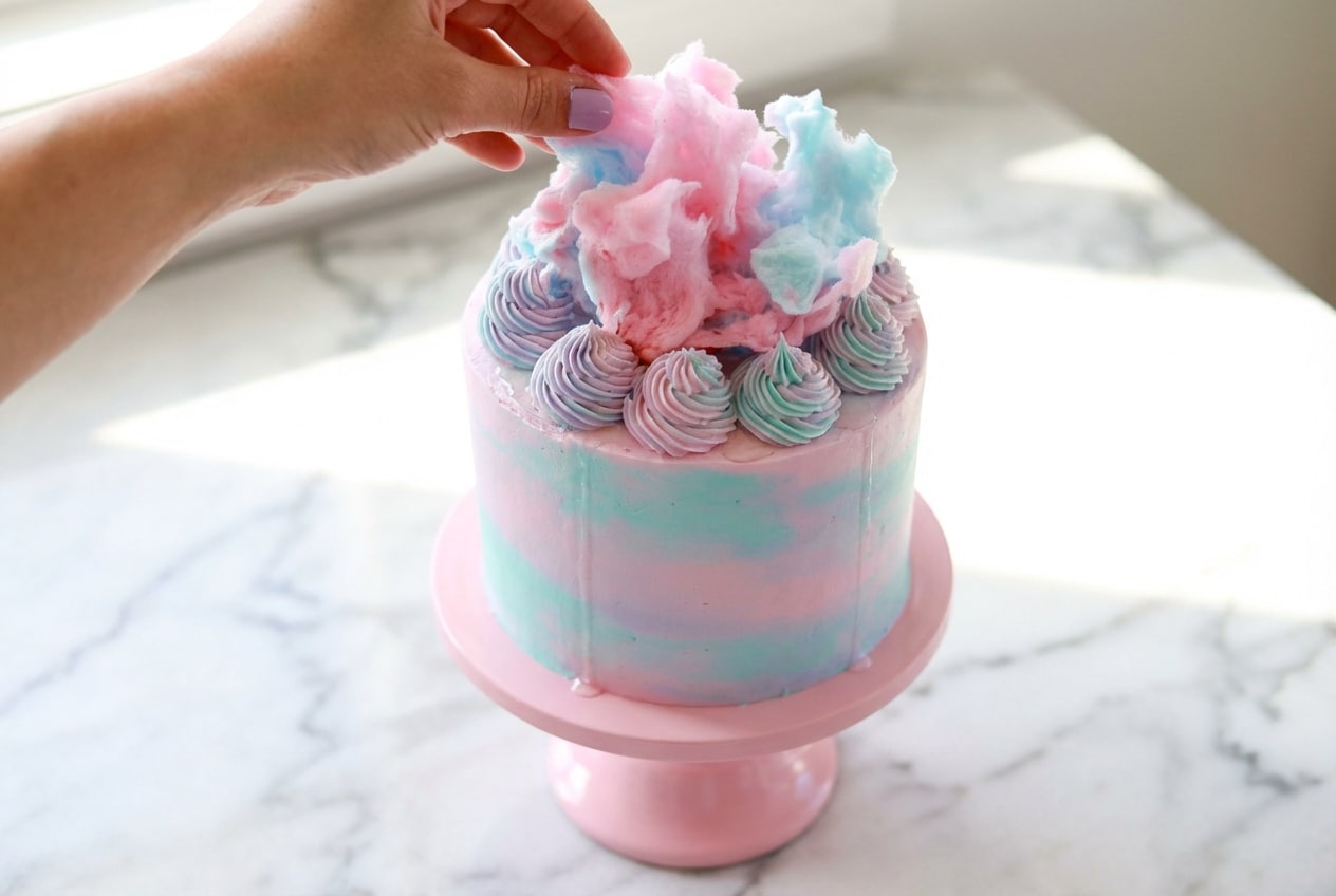 A slice of cotton candy cake showing watercolor frosting and a moist cotton candy simple syrup soak.