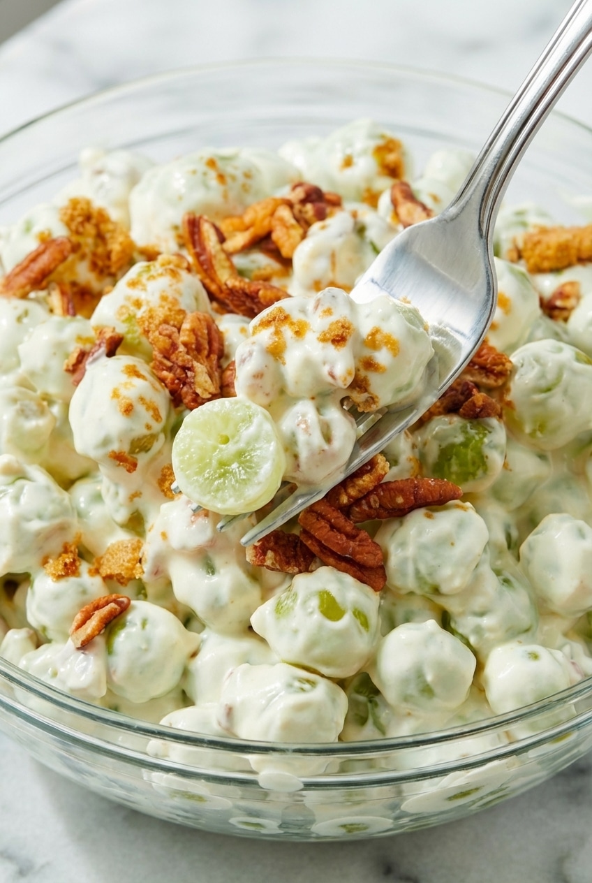 Close-up of the smooth cream cheese dressing on a grape salad with whole seedless grapes.