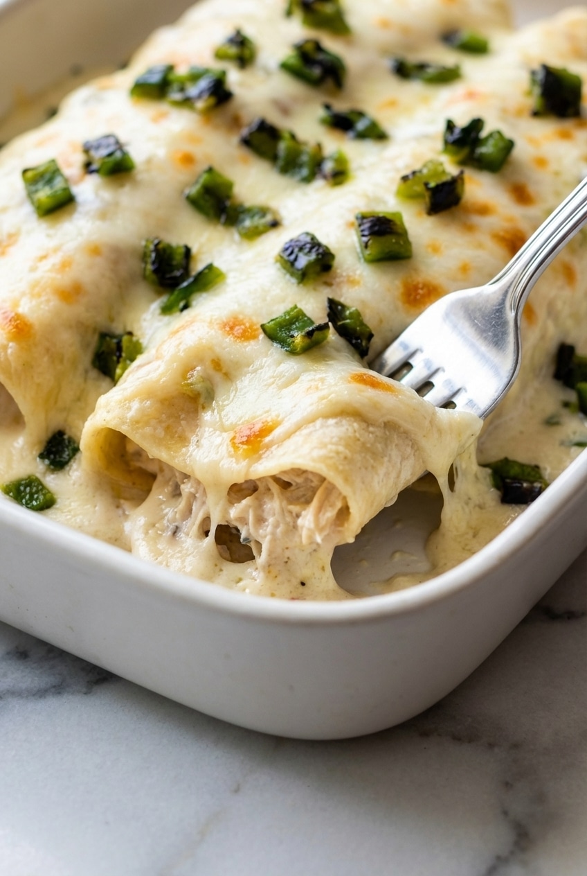 A smooth bechamel sauce being prepared for creamy white chicken enchiladas with a fire-roasted poblano twist.