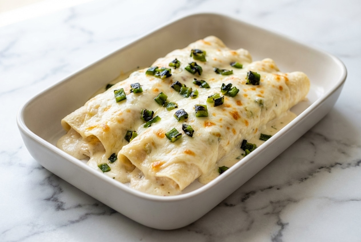 Bubbling creamy white chicken enchiladas with fire-roasted poblanos and melted Monterey Jack cheese in a baking dish.