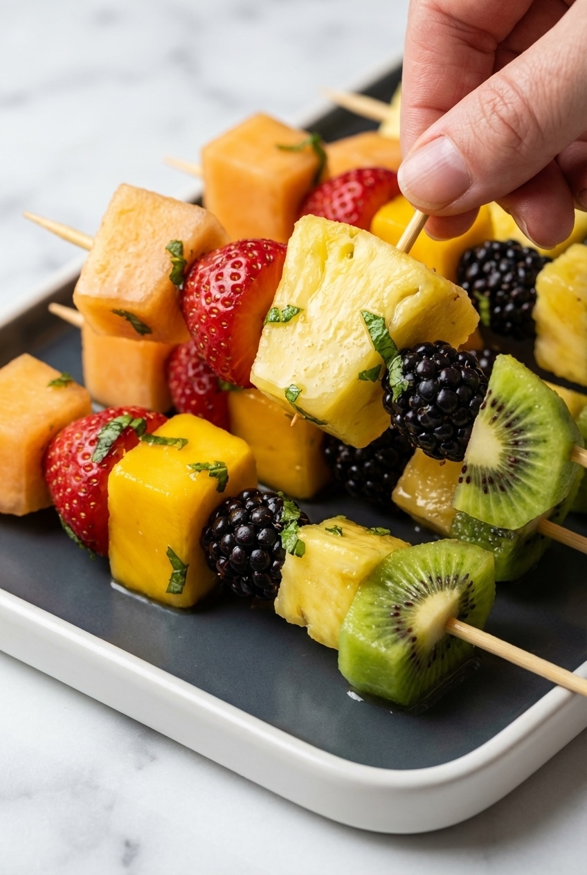 Chilled fruit kabobs neatly arranged on a tray showing crisp, fresh fruit edges and mint leaves.