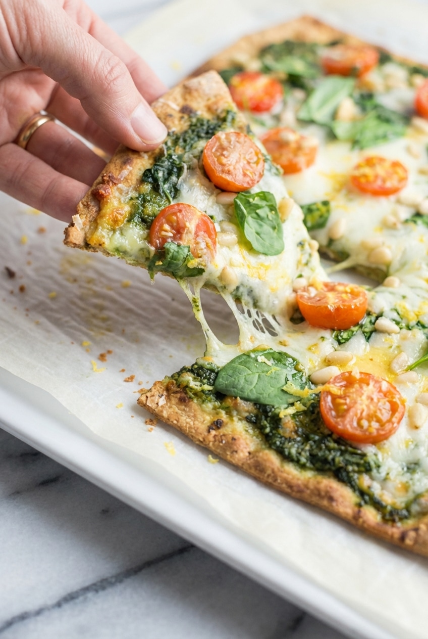 Crispy lavash flatbread base of a spinach pesto pizza showing a golden brown Maillard reaction from a pizza stone.