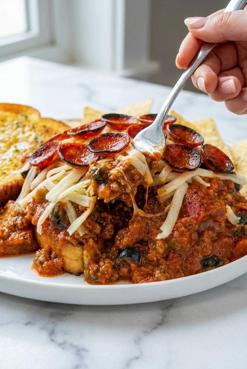 Close-up of pepperoni pizza sloppy joes showing the crispy pepperoni crown and toasted bun texture.