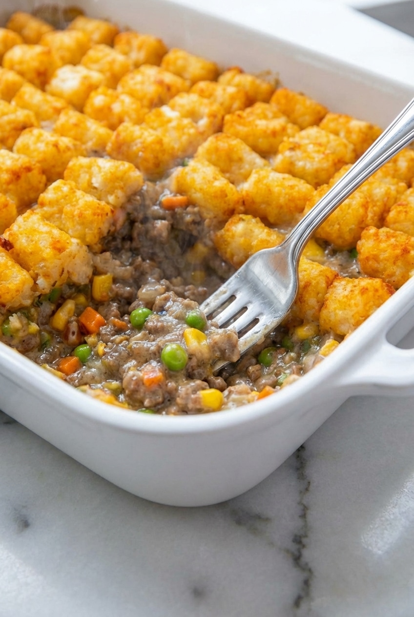 A serving of tater tot casserole with ground beef showing the perfectly browned meat and crispy potato topping.