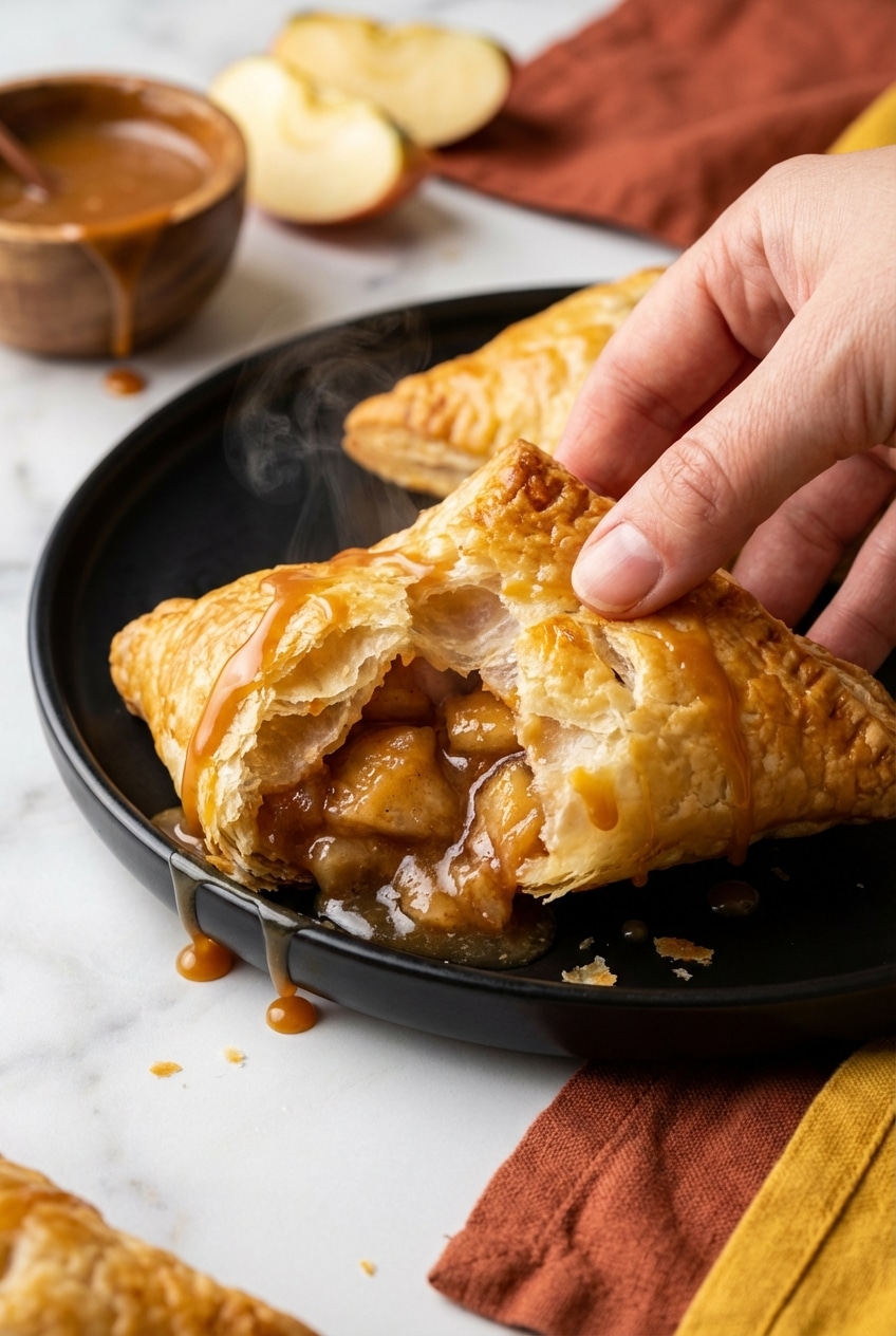 Close-up of the flaky, golden-brown crust on baked caramel apple puff pastries showing the Maillard reaction.