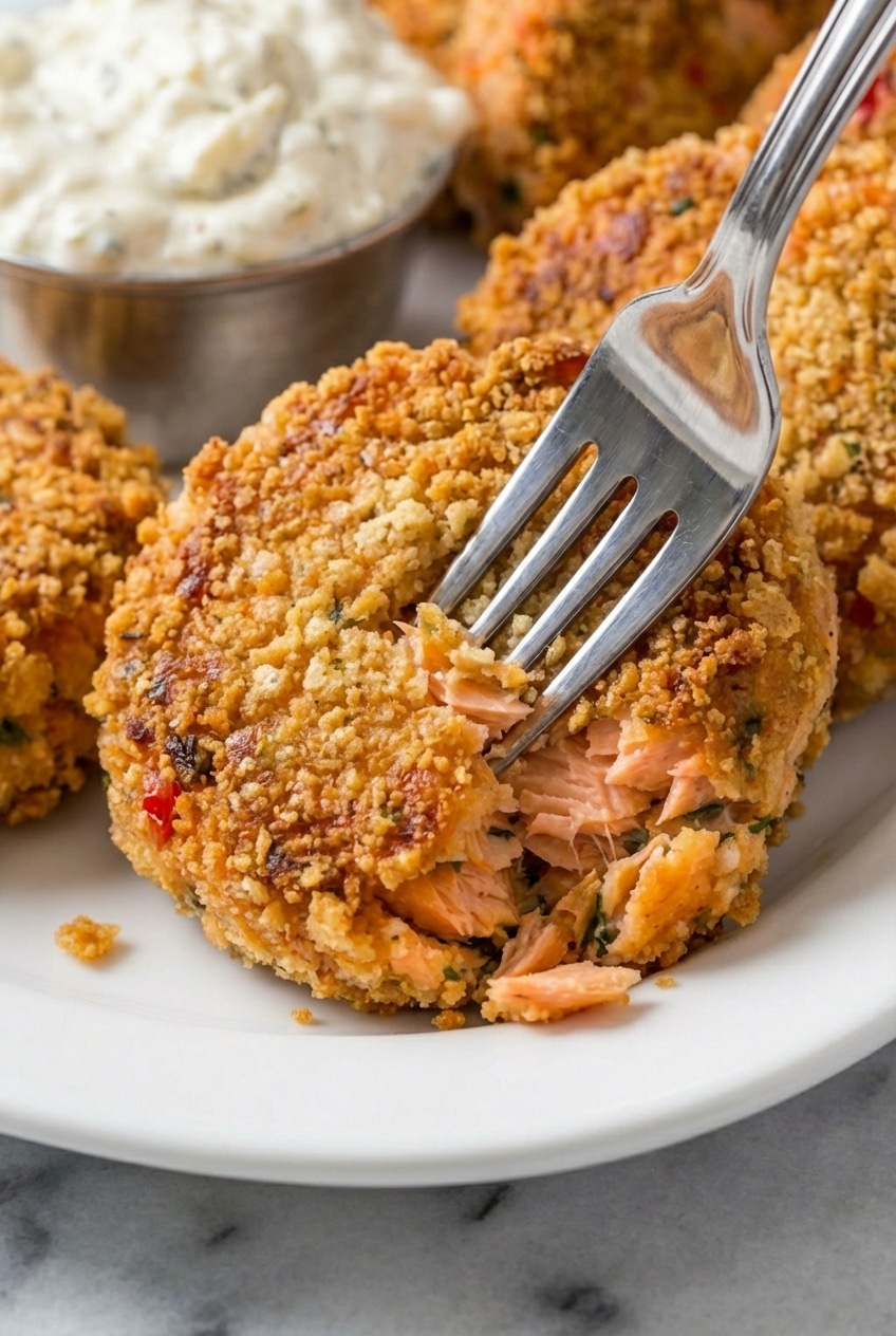 Close-up of the crispy, browned surface of salmon patties showing the Maillard reaction from the non-stick skillet.