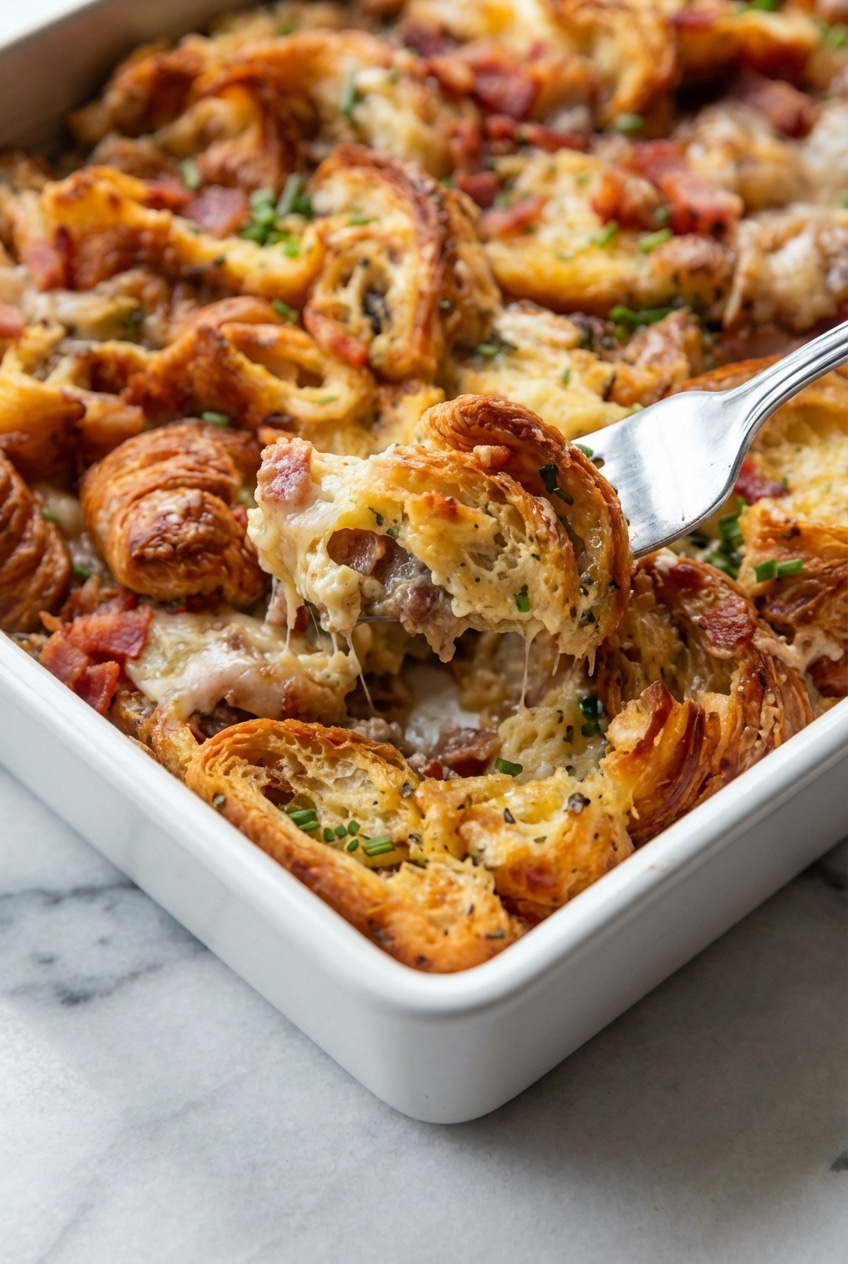Close-up of the crispy golden crust on a croissant breakfast casserole showing the Maillard reaction.