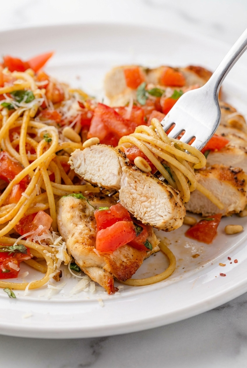 Al dente bruschetta chicken pasta being tossed in a cast iron skillet to achieve a perfect emulsification.