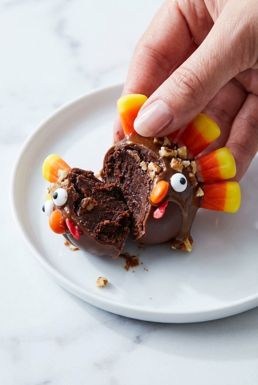 Decorating bourbon-maple turkey oreo balls with edible eyes and candy corn for a gourmet Thanksgiving finish.