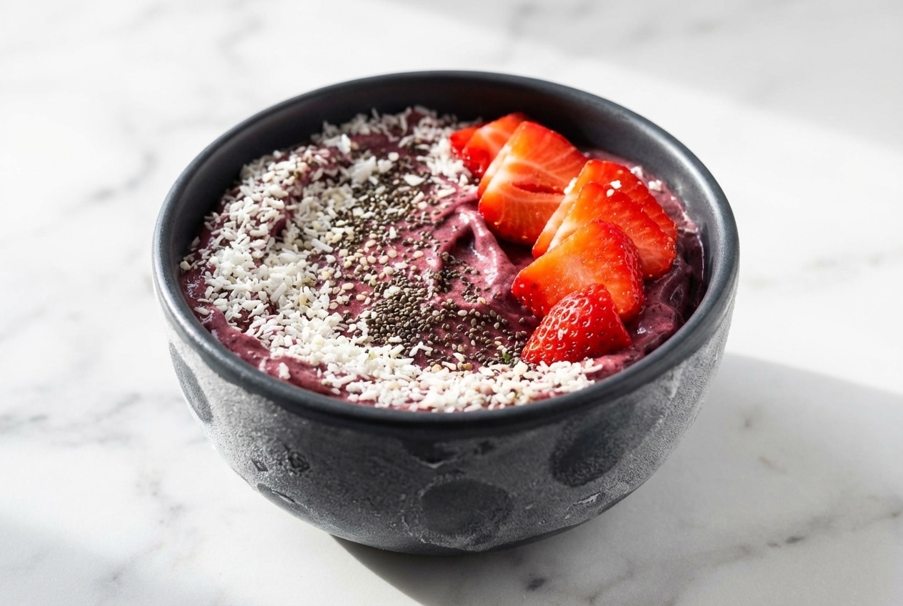 Thick acai Smoothie Bowl Recipe served in a pre-frozen dish to maintain a dense, frost-kissed consistency.