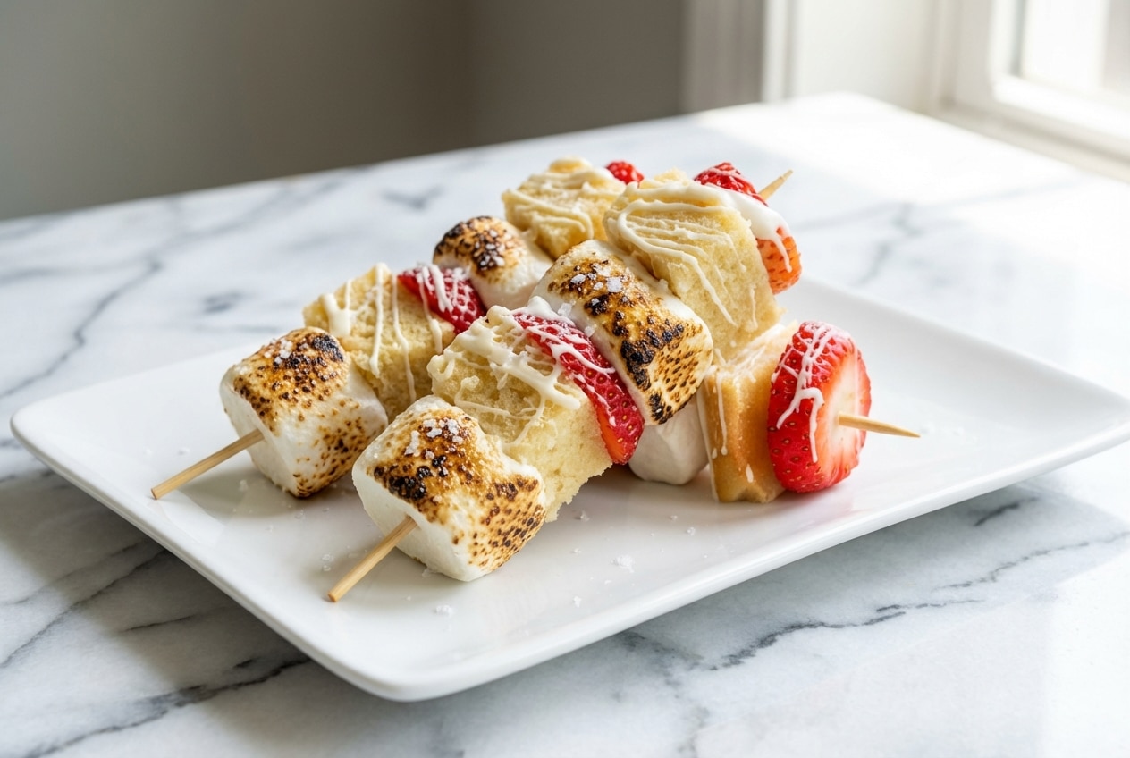 Dessert kabobs with New York cheesecake and pound cake topped with toasted marshmallows and a sea salt finish.