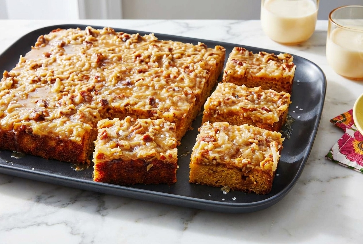 A slice of do nothing cake topped with a salted brown butter and bourbon glaze, shredded coconut, and pecans.