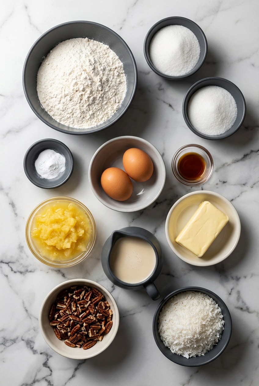 Flat lay of do nothing cake ingredients including crushed pineapple, shredded coconut, pecans, and evaporated milk.