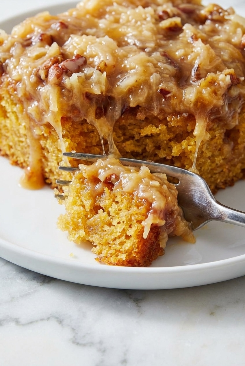 Close-up showing the gooey, moist crumb of a do nothing cake soaked in warm salted brown butter glaze.