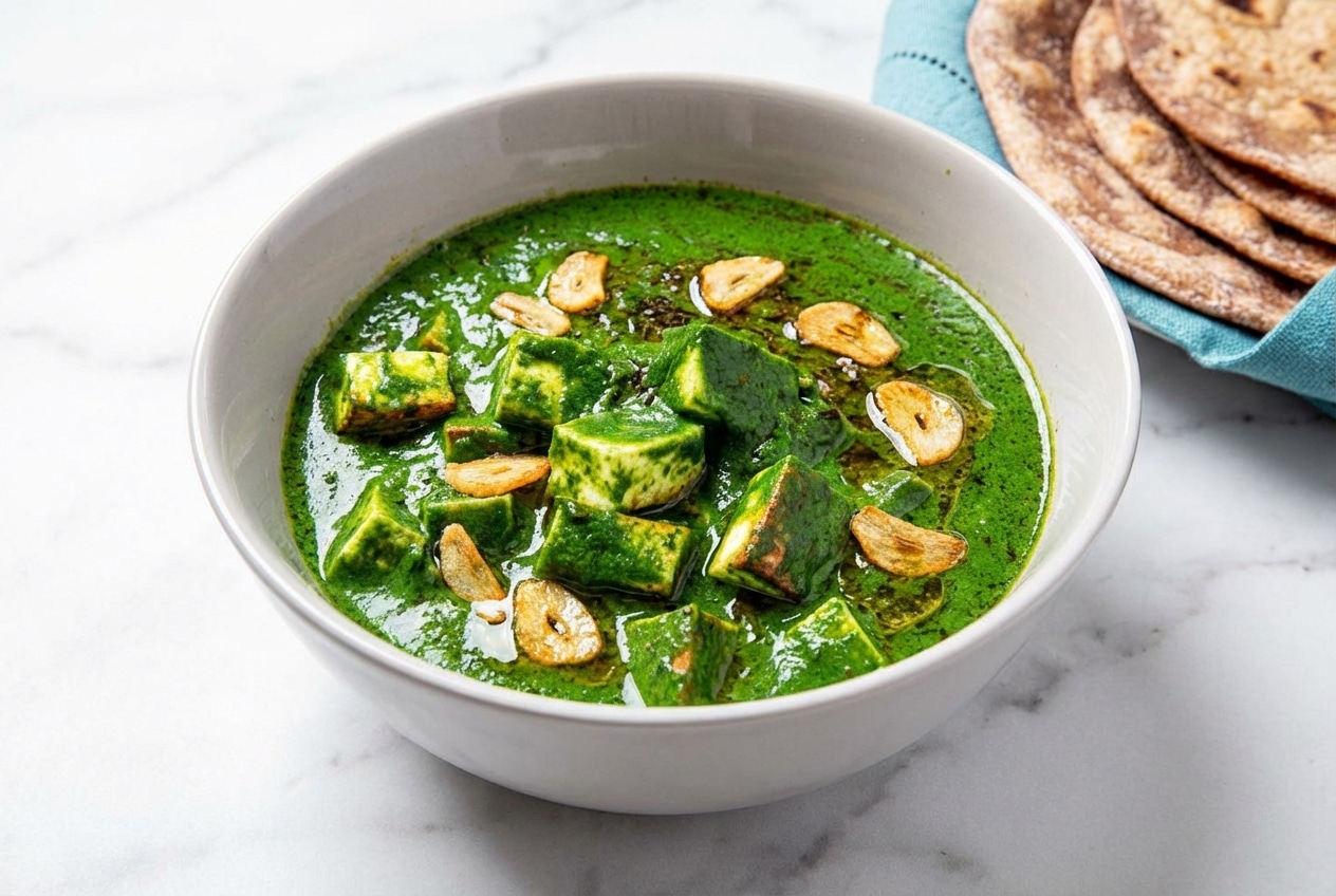 Creamy palak paneer recipe topped with a golden, sizzling double-garlic tadka finish in a rustic bowl.