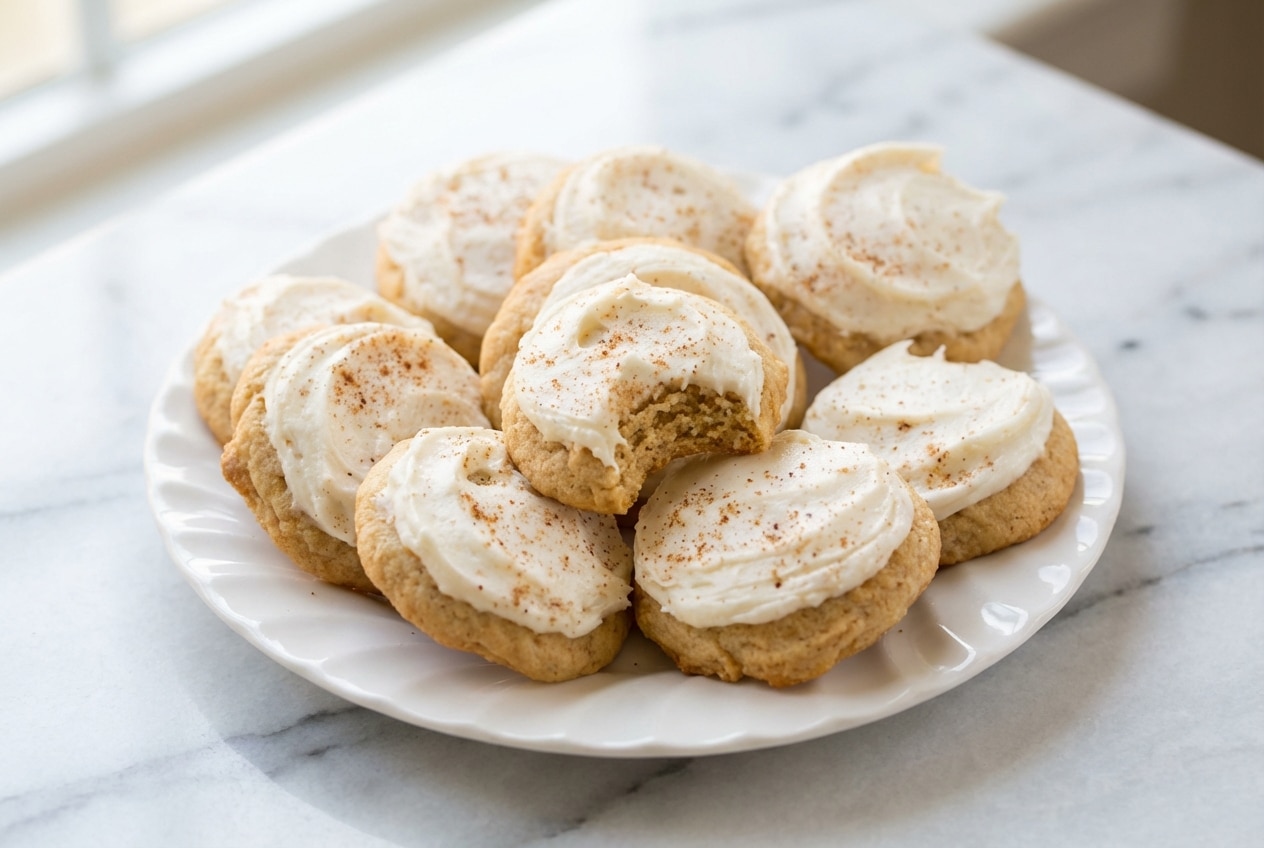 Soft eggnog cookies with brown butter and creamy frosting sprinkled with aromatic ground nutmeg.