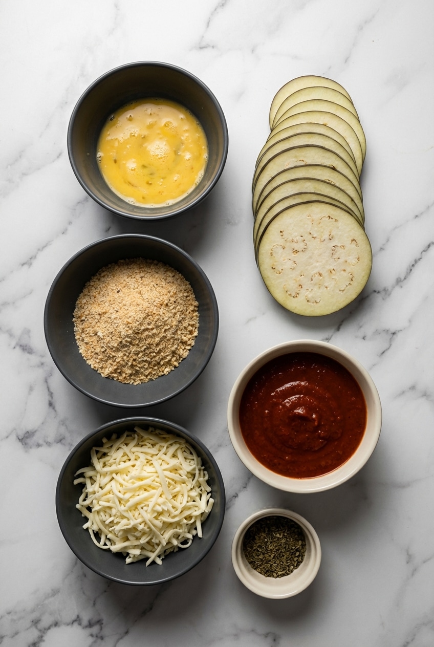 Globe eggplant, panko breadcrumbs, mozzarella di bufala, and marinara sauce flat lay for eggplant parmesan.