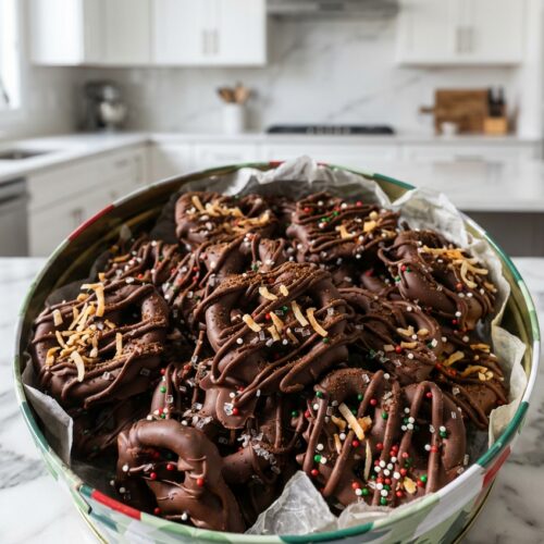 Espresso and coconut chocolate covered pretzels stacked with a toasted coconut garnish.