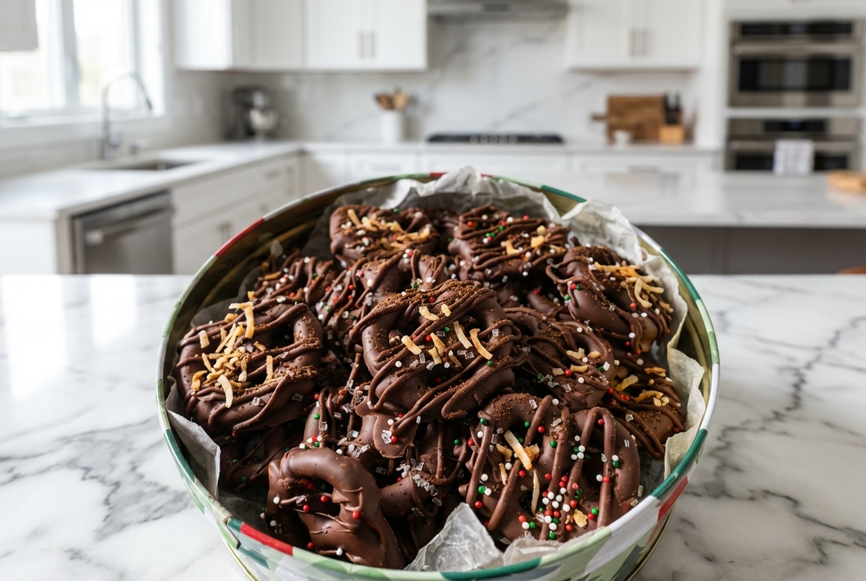 Espresso and coconut chocolate covered pretzels stacked with a toasted coconut garnish.