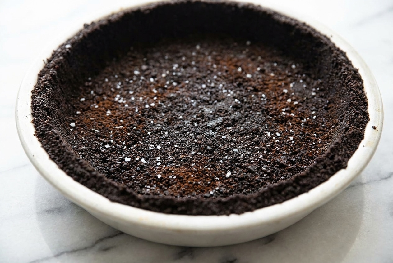 Dark oreo pie crust with sea salt and espresso powder pressed into a clear glass pie plate.