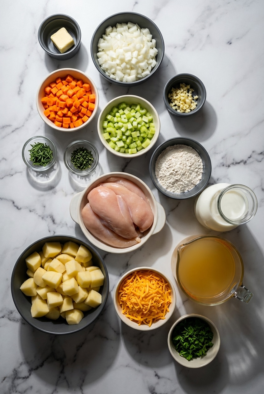 Flat lay of chicken potato soup ingredients featuring Yukon Gold potatoes, leeks, mirepoix, and Better Than Bouillon.