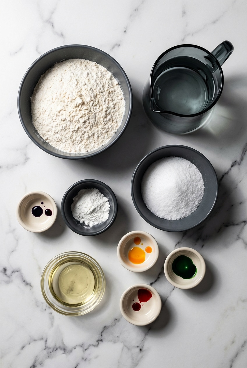 A flat lay of play dough recipe ingredients including all-purpose flour, cream of tartar, and gel food coloring.