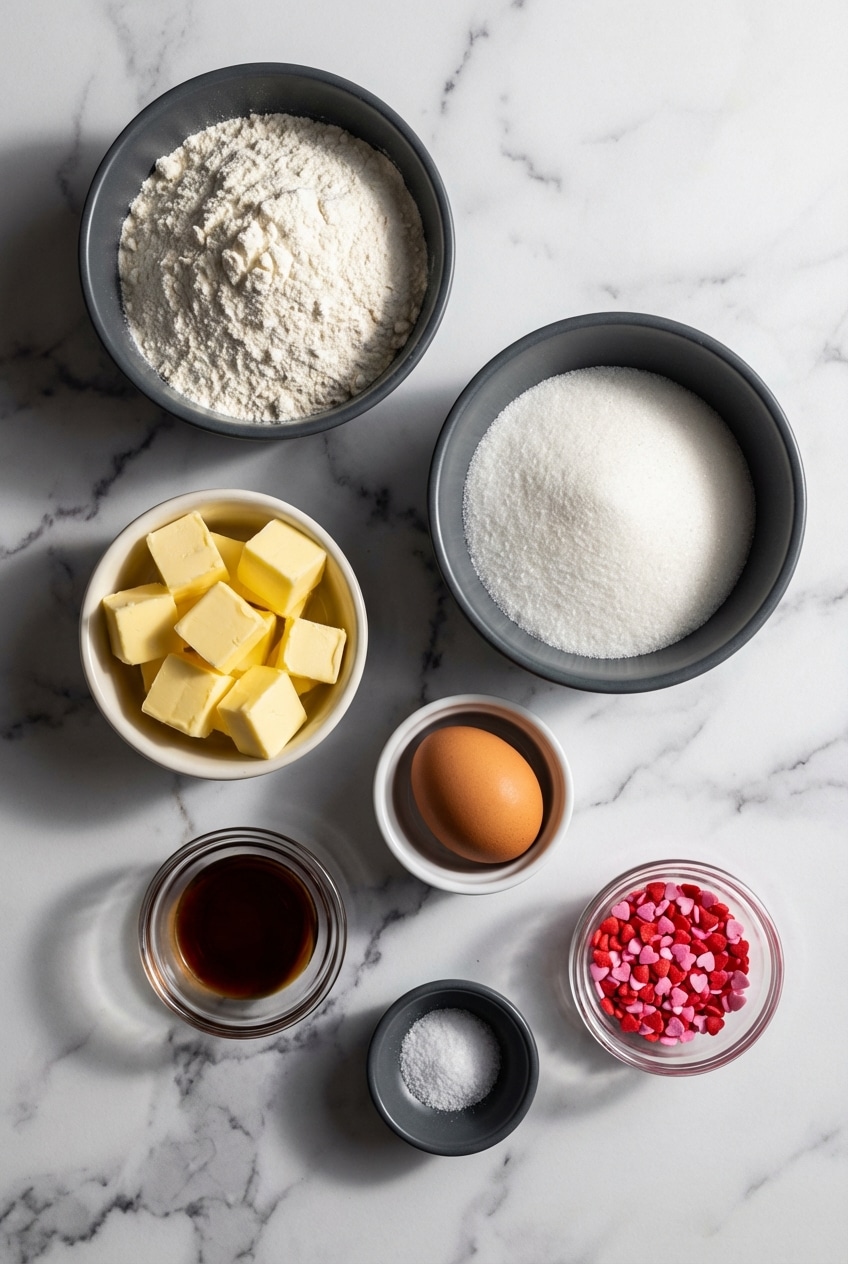 Flat lay of valentine's day cookies ingredients including vanilla bean paste, corn syrup, and royal icing.