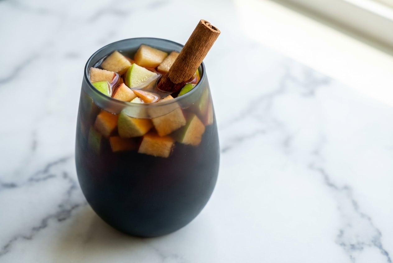 A pitcher of family friendly sangria with citrus slices, using decaf black tea for a sophisticated tannin boost.