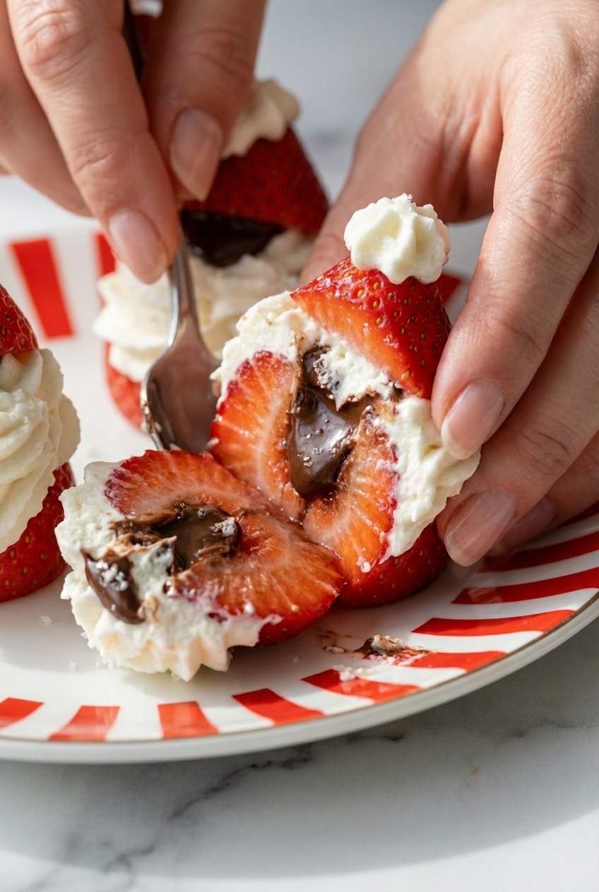 Strawberry santa treats arranged on a festive holiday platter with Christmas decorations.