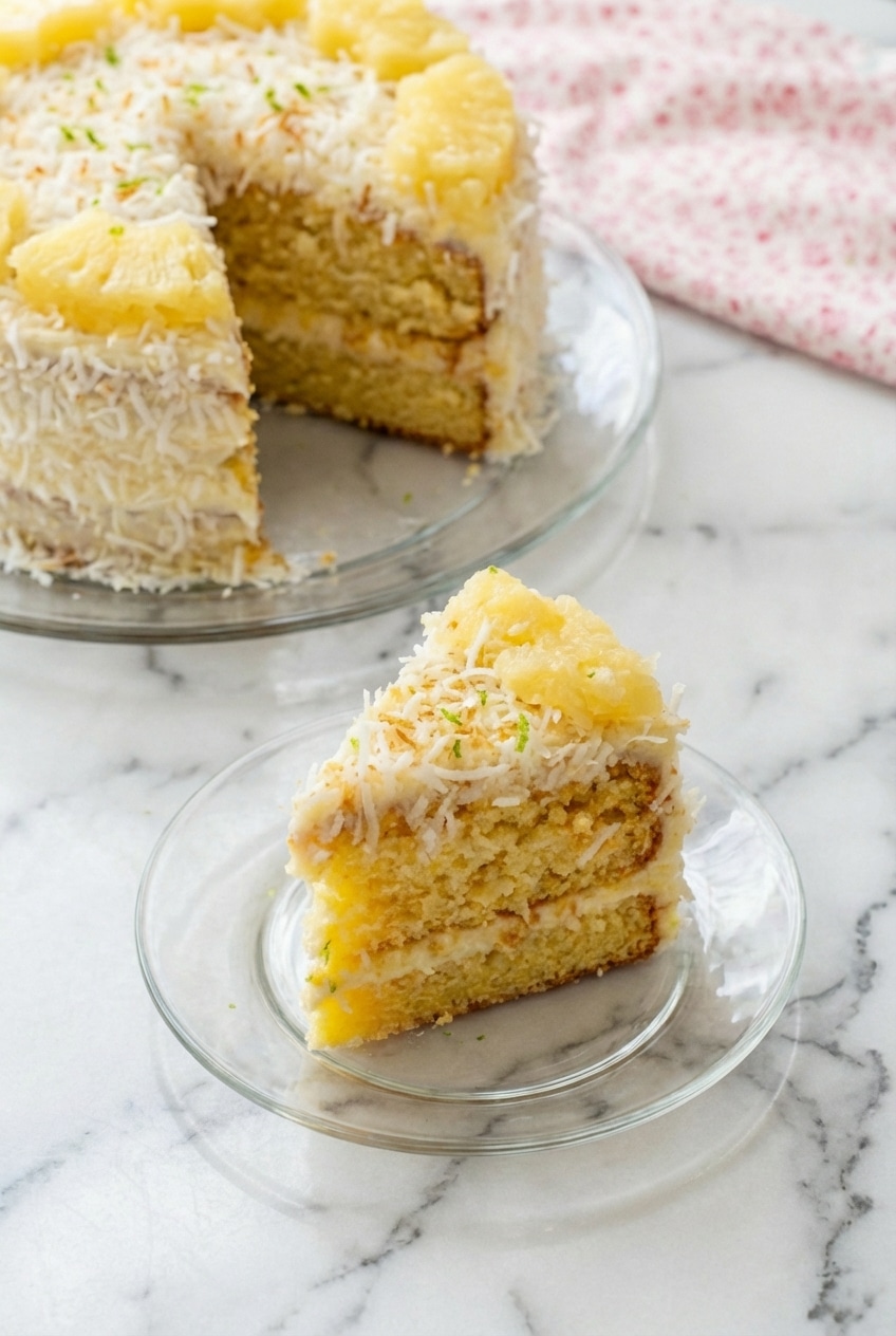 Sprinkling toasted coconut over a pineapple coconut dream cake to add texture and flavor.