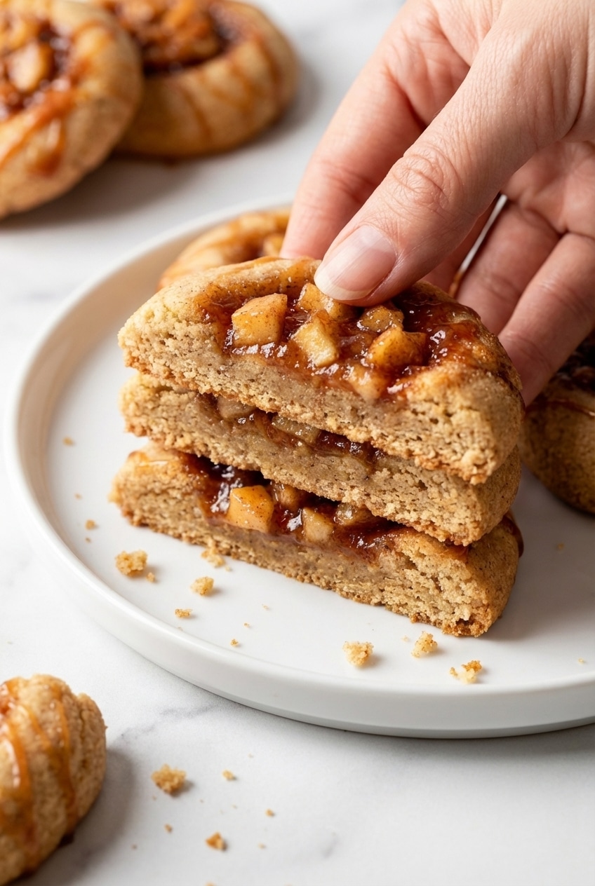 Close-up of apple pie cookies after a par-bake showing the textured cardamom dough and apple filling.