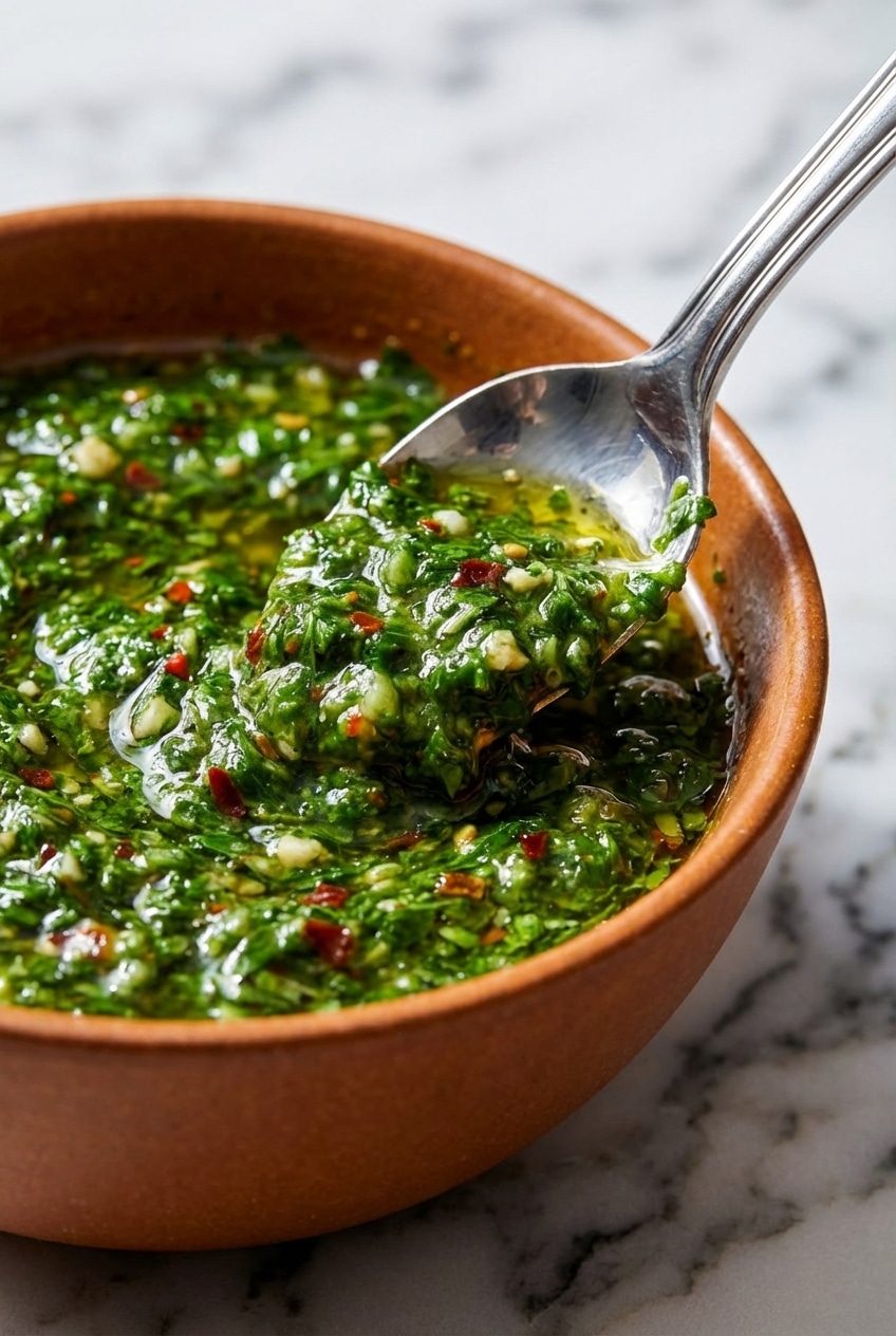 Close-up of chimichurri sauce showing the emulsification of oil, vinegar, and finely chopped herbs.