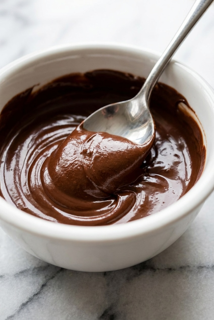 A microwave-safe bowl containing smooth melted chocolate demonstrating how to melt chocolate without blooming.
