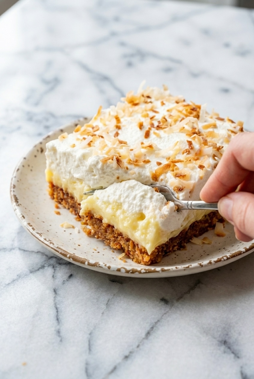 Slicing through layered coconut cream pie bars to show the thick custard and toasted coconut topping.