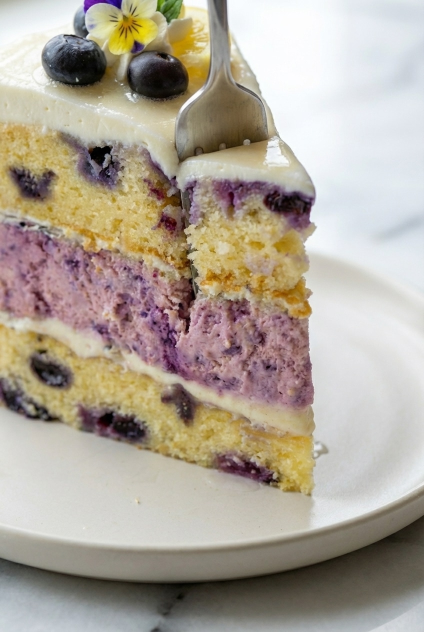 A close up of lemon blueberry cheesecake cake showing the moist crumb and smooth cream cheese layer.