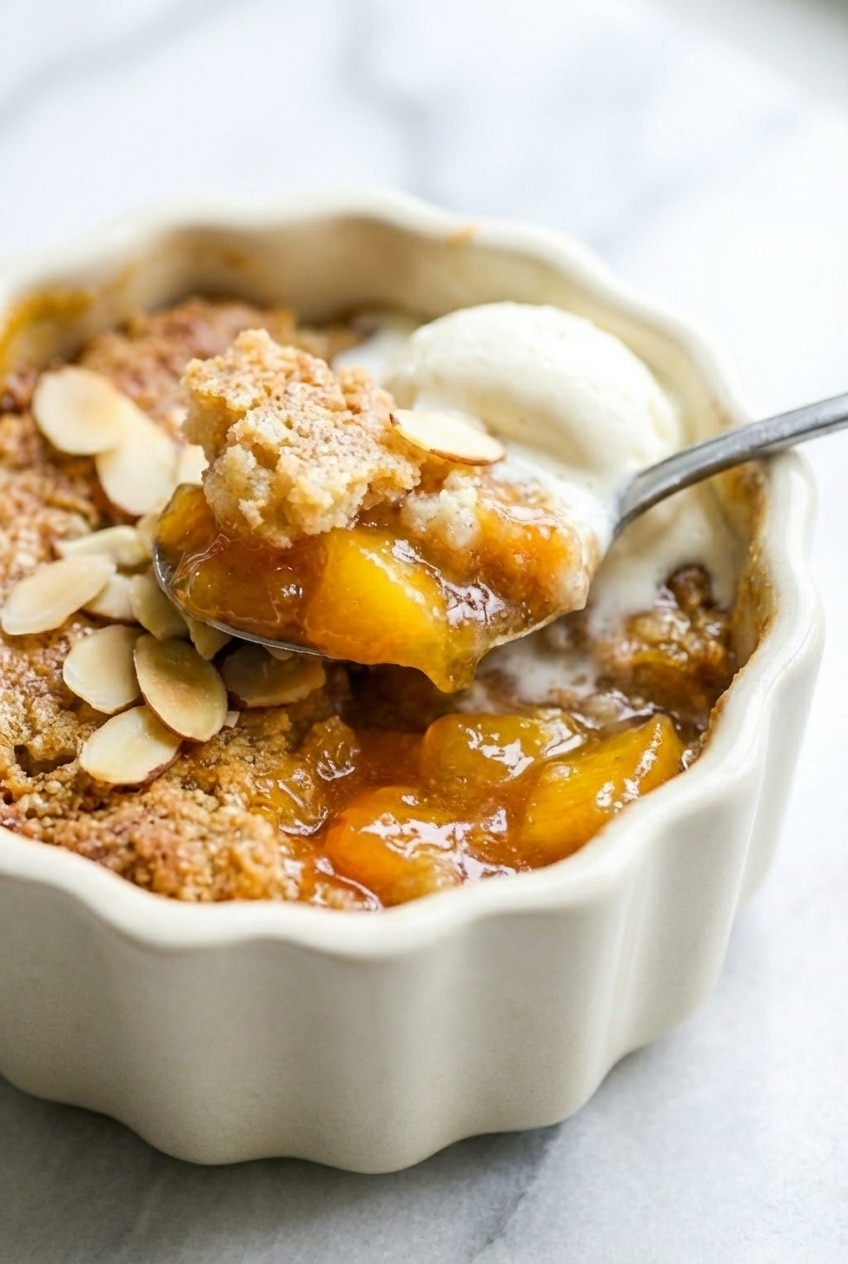 Mini peach cobbler in a ramekin highlighting the caramelization of the bourbon-infused filling.