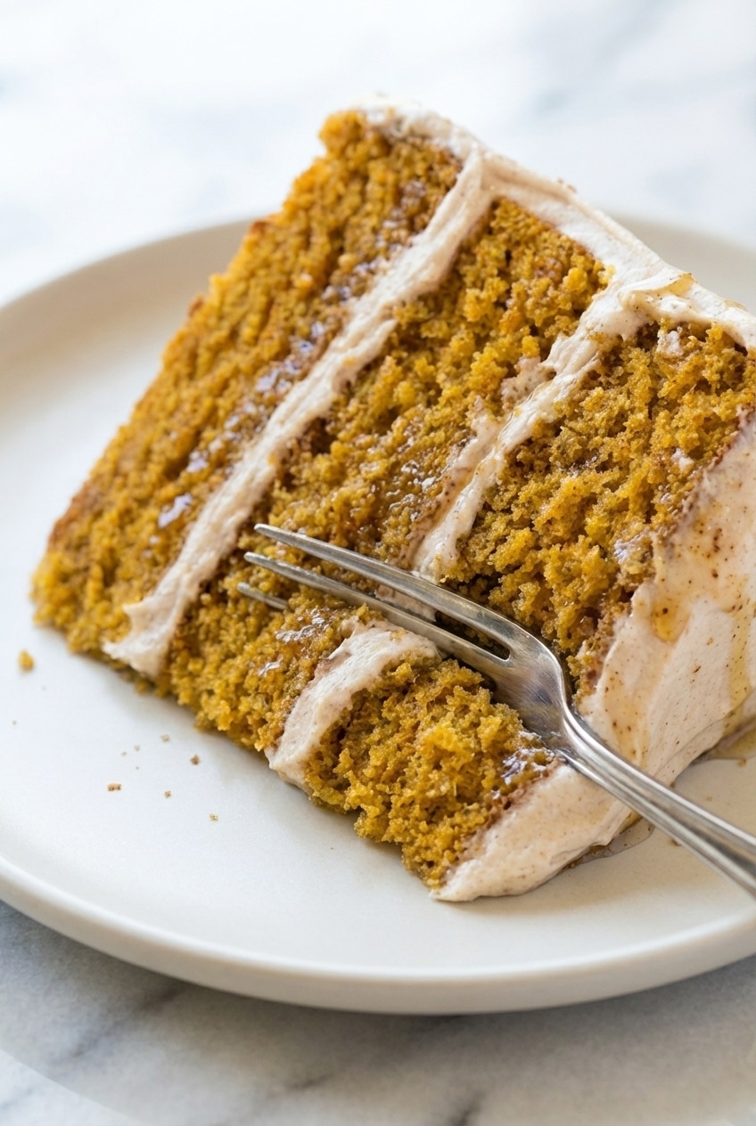 Applying a smooth crumb coat to the pumpkin cake with cinnamon cream cheese frosting using an offset spatula.