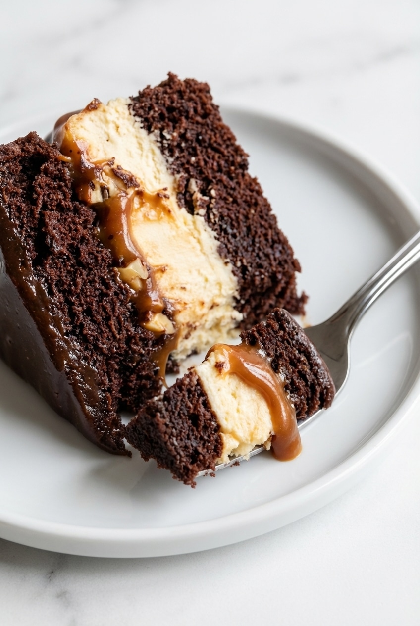 A perfectly baked salted caramel chocolate cheesecake cake being prepared for serving after a water bath.