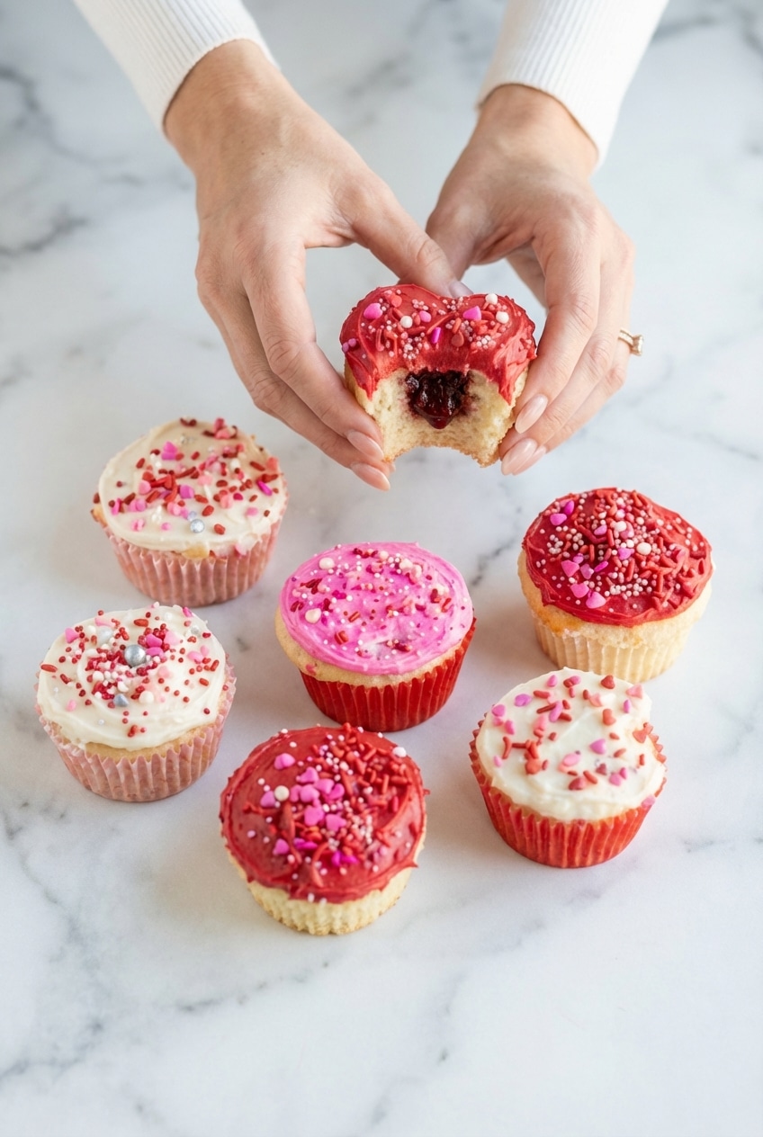 Valentine's Day Cupcakes being frosted using a star tip 1M for a professional finish.