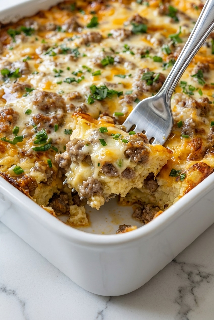 A fluffy slice of pancake sausage casserole showing the light, airy crumb and savory sausage bits.