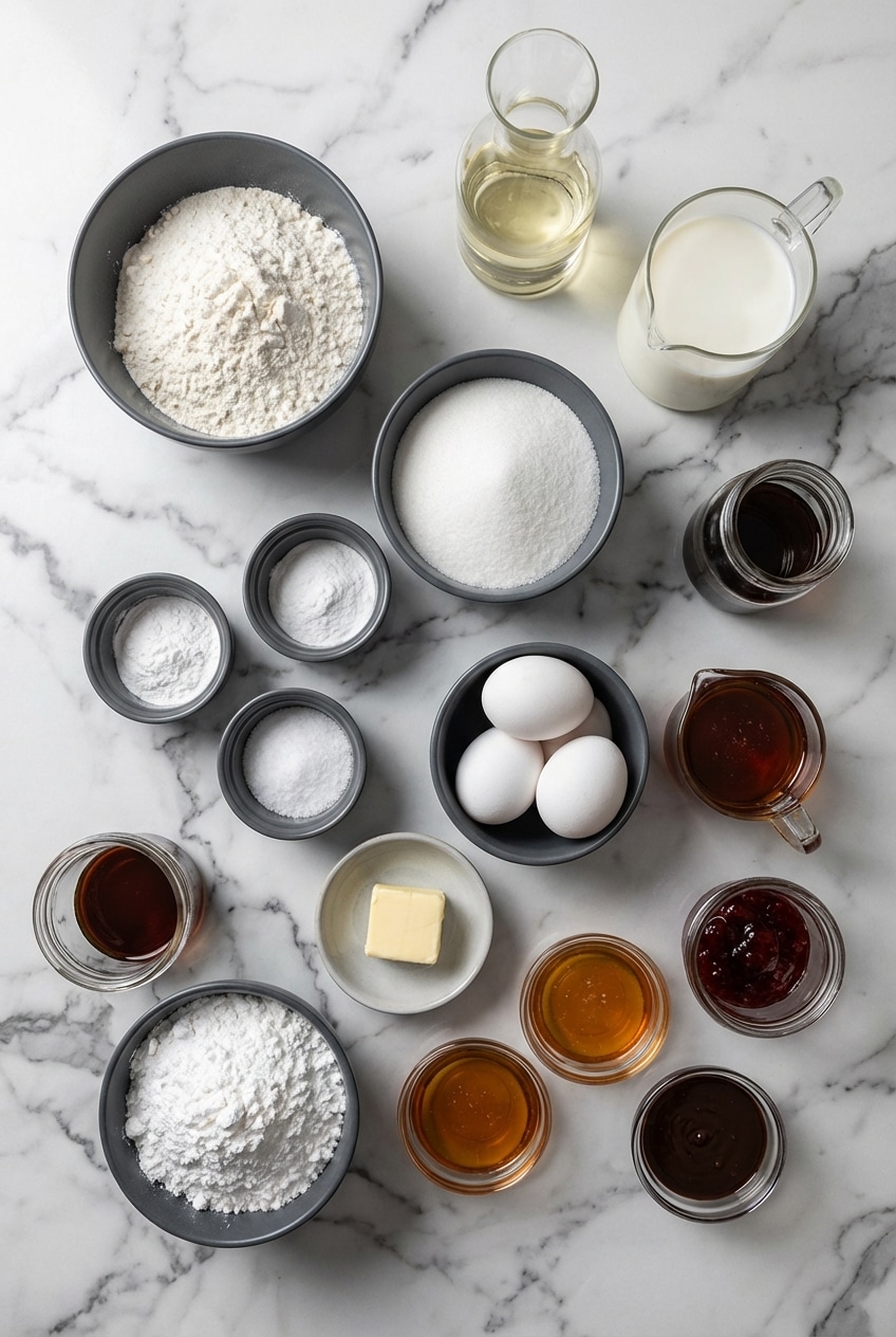 Raw ingredients for fluffy pancakes including all-purpose flour, baking powder, and malted milk powder on a counter.