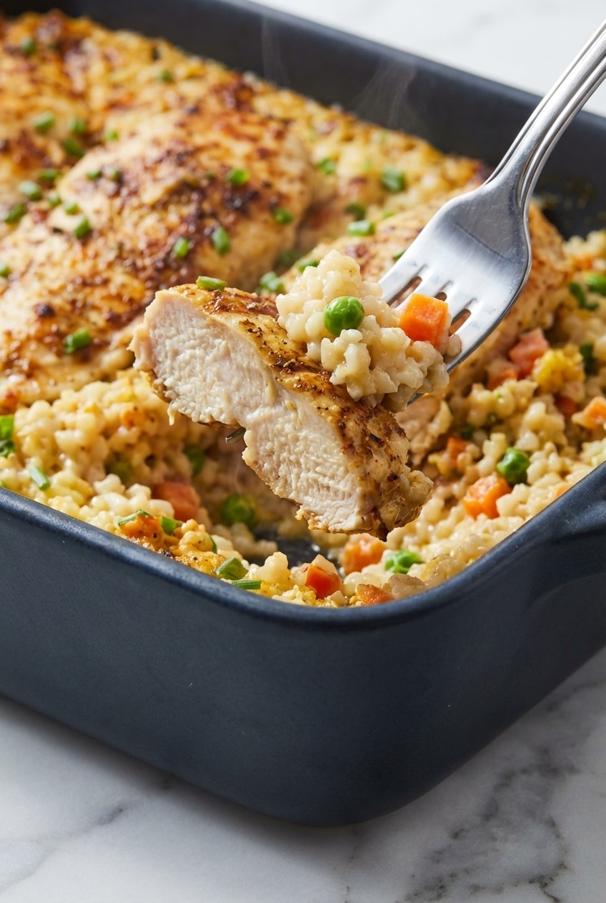 Close-up texture of fluffy no peek chicken and rice showing the moist, tender grains.