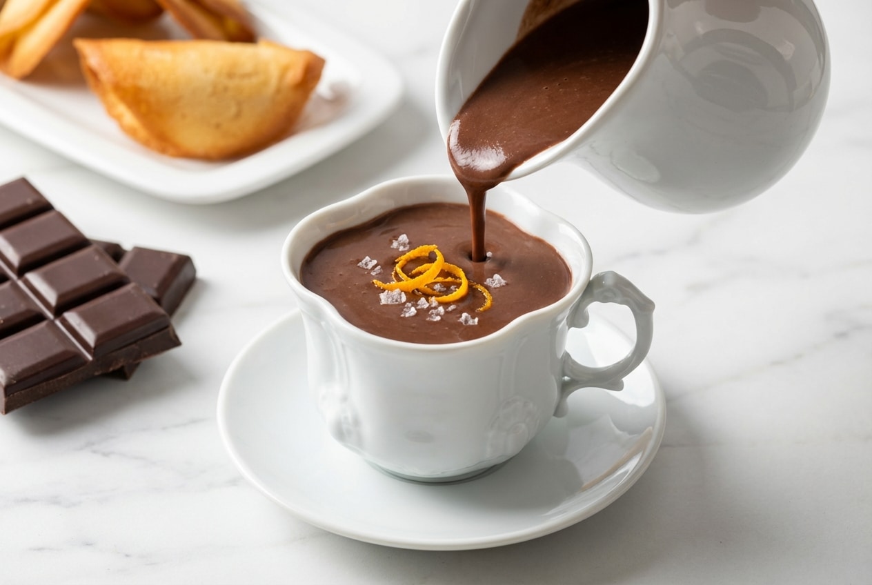 Rich French Hot Chocolate topped with Chantilly cream, fresh orange zest, and a pinch of smoked sea salt.