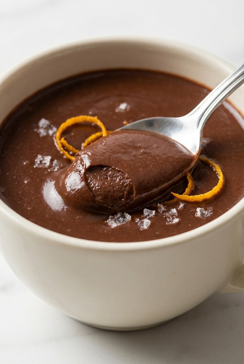 Close-up of the glossy emulsification of French Hot Chocolate showing a thick, smooth, and creamy texture.