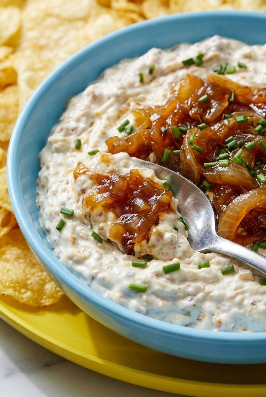 Close-up of caramelized onions in a stainless steel skillet showing a rich brown fond for french onion dip.
