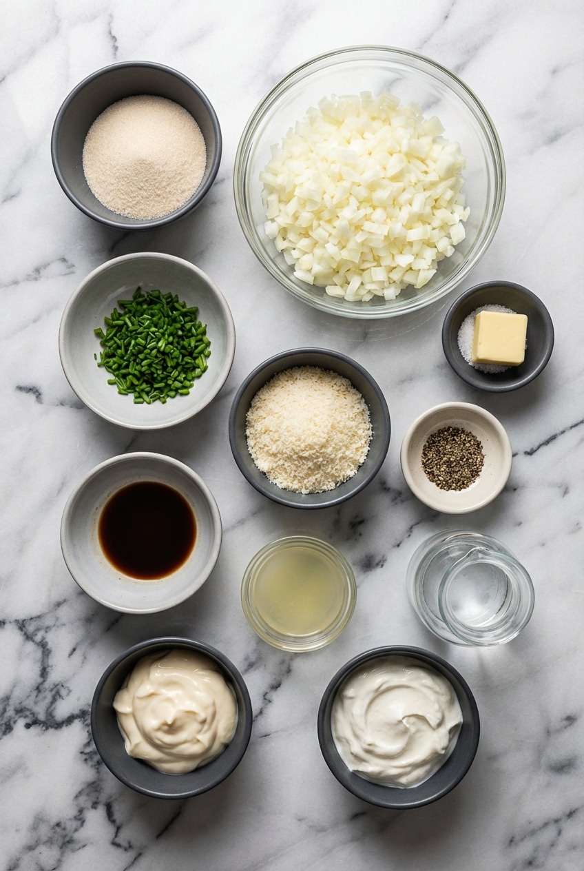 Raw alliums, sour cream, worcestershire sauce, and diamond crystal salt for homemade french onion dip.