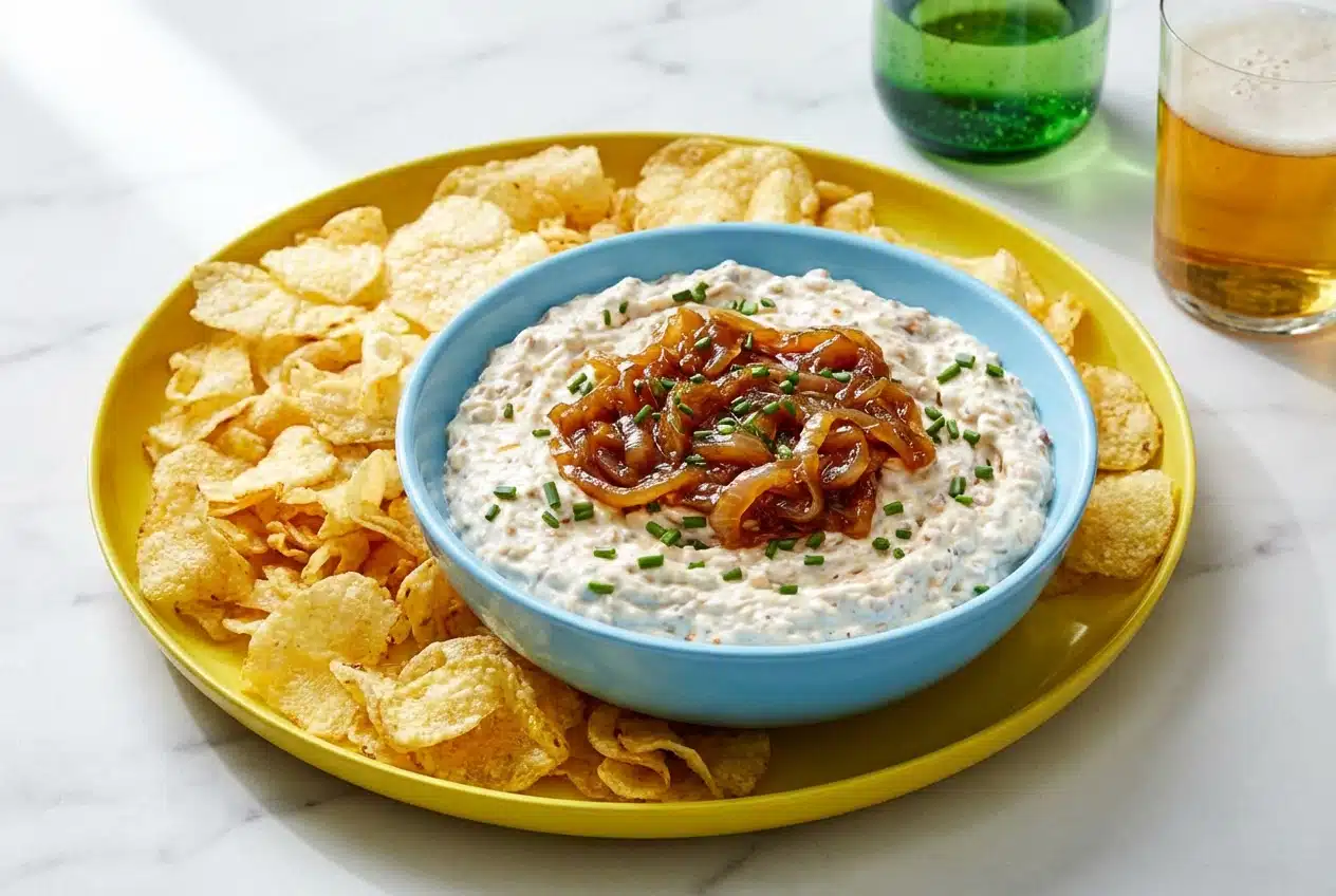Creamy french onion dip in a white bowl, showing a deep golden hue from the sherry deglazing process.