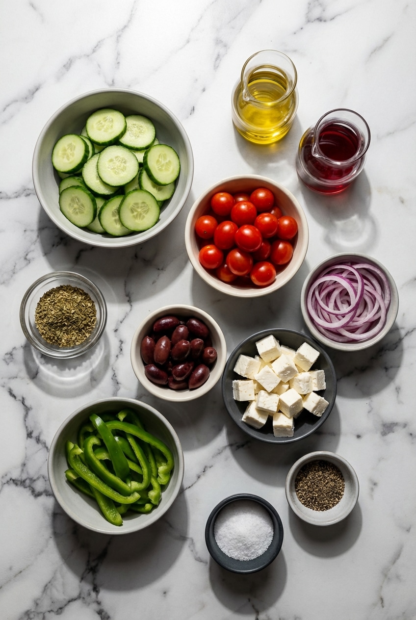 Overhead view of greek salad ingredients including cherry tomatoes, English cucumber, and Kalamata olives.