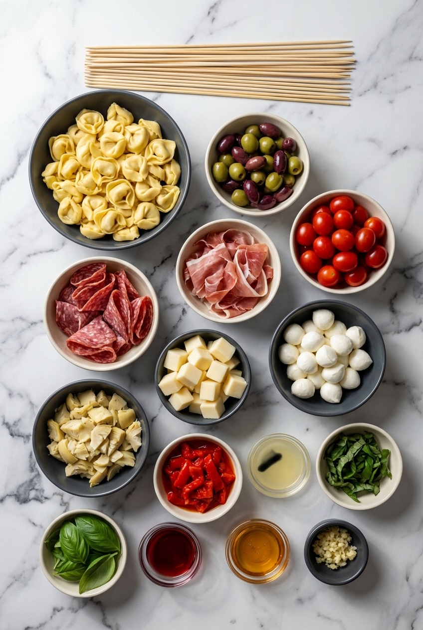 Flat lay of ingredients for antipasto skewers including Prosciutto di Parma, Bocconcini, and Castelvetrano olives.