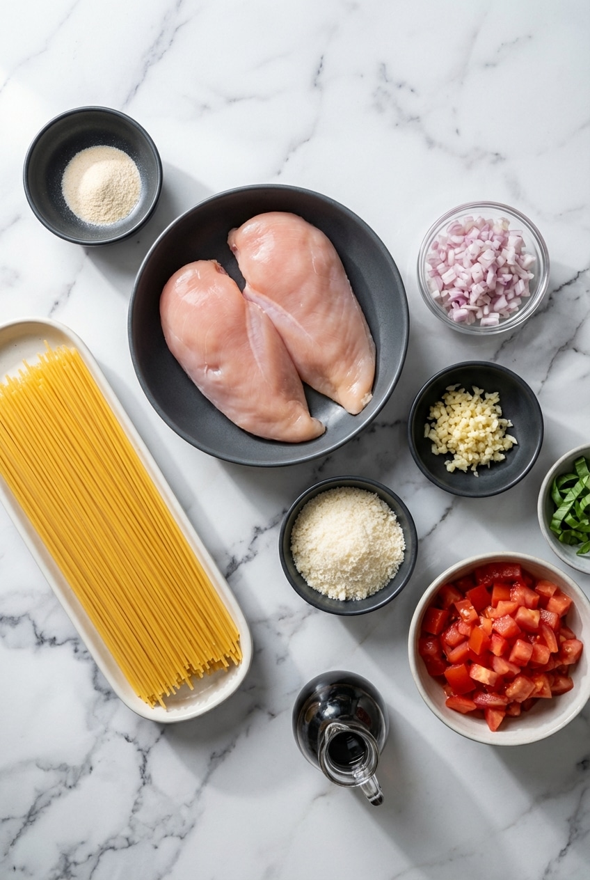Flat lay of bruschetta chicken pasta ingredients including Roma tomatoes, chicken cutlets, and extra virgin olive oil.